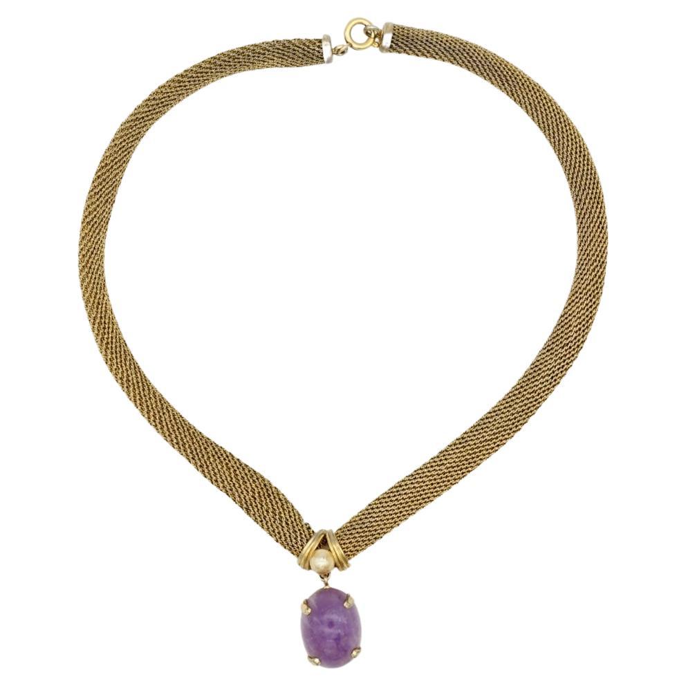 Christian Dior GROSSE 1961 Vintage Amethyst Oval Pearl Pendant Mesh Necklace For Sale