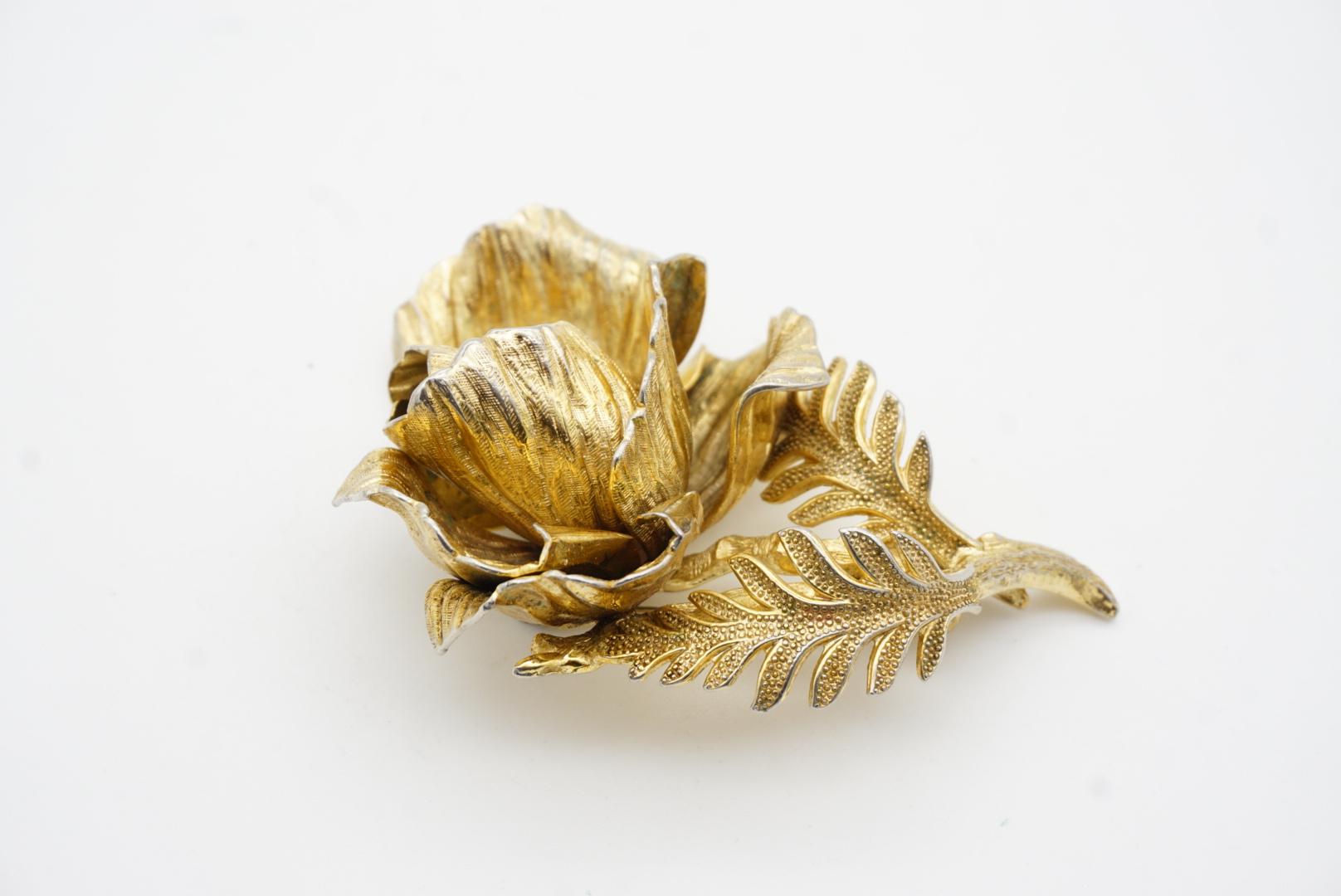 Christian Dior GROSSE 1961 Vintage Large 3D Vivid Rose Blossom Leaf Gold Brooch en vente 6