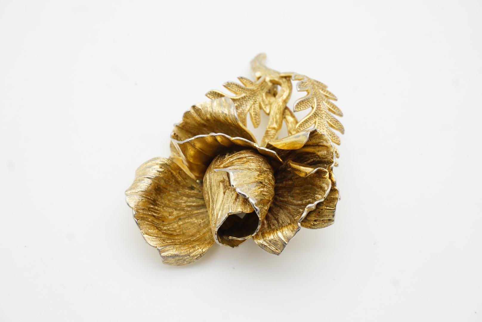 Christian Dior GROSSE 1961 Vintage Large 3D Vivid Rose Blossom Leaf Gold Brooch en vente 7