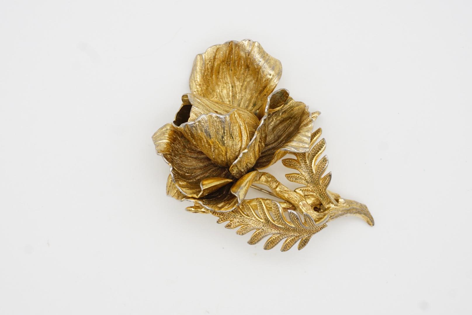 Christian Dior GROSSE 1961 Vintage Large 3D Vivid Rose Blossom Leaf Gold Brooch For Sale 5