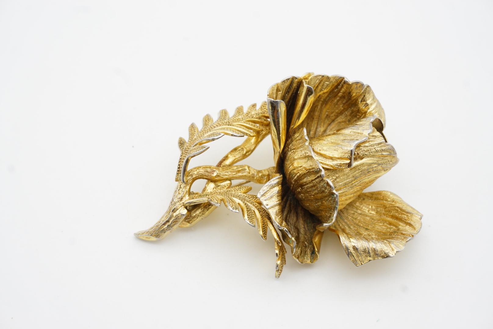 Christian Dior GROSSE 1961 Vintage Large 3D Vivid Rose Blossom Leaf Gold Brooch en vente 8