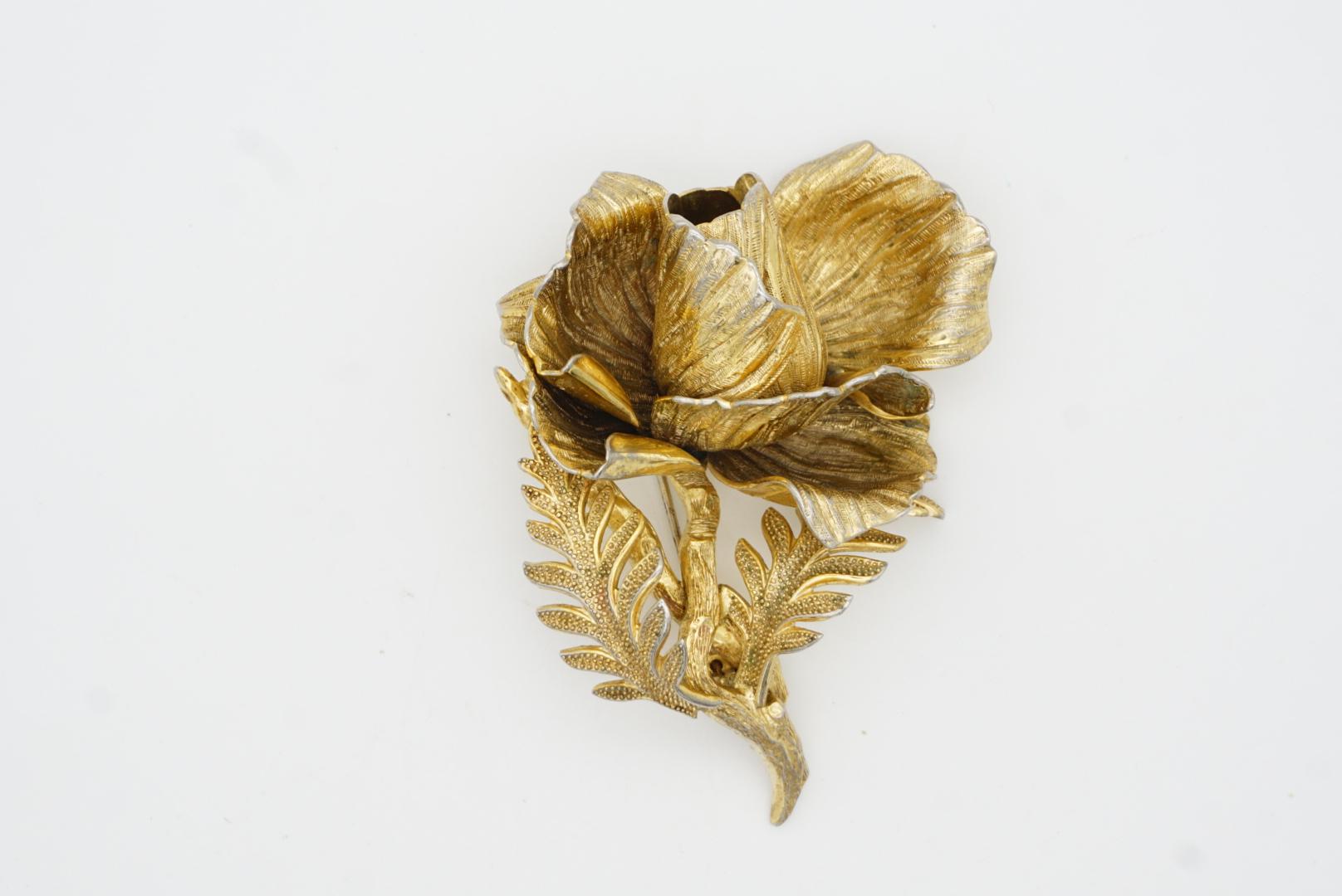 Christian Dior GROSSE 1961 Vintage Large 3D Vivid Rose Blossom Leaf Gold Brooch For Sale 1