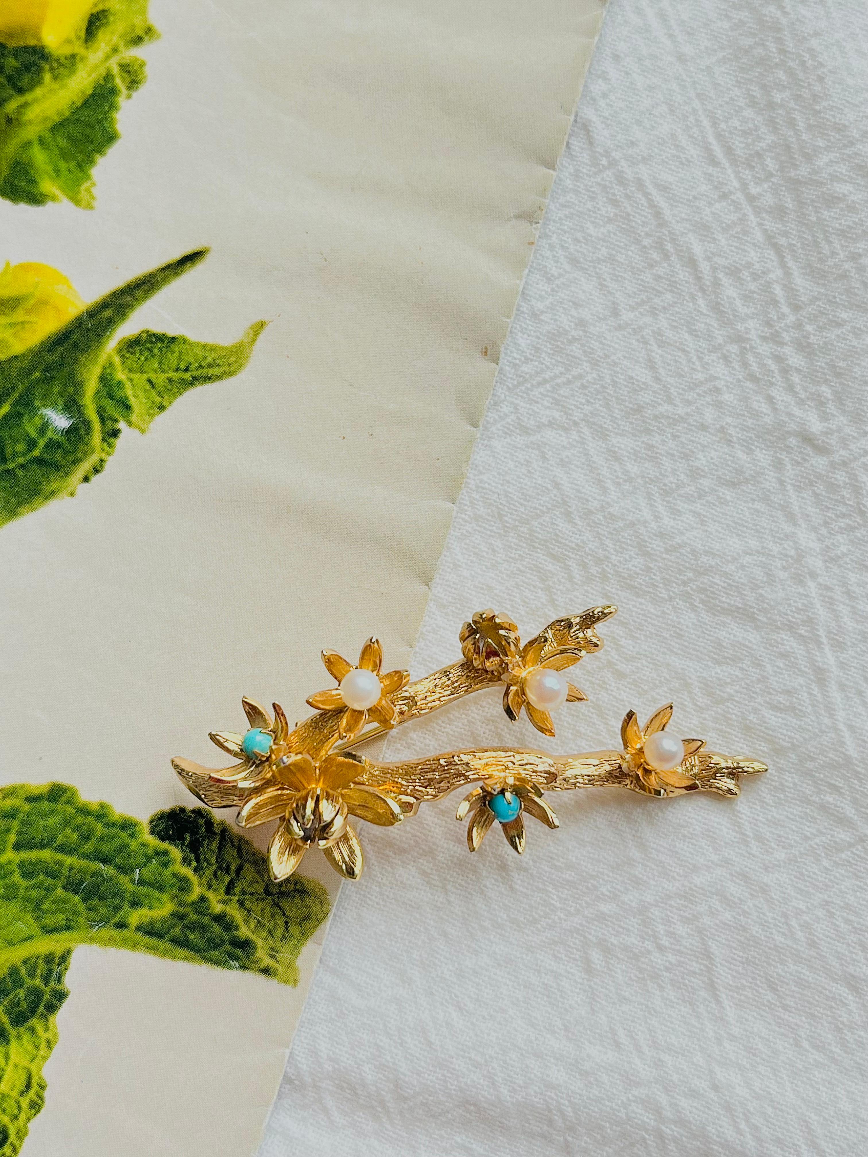 Christian Dior GROSSE 1961 Vintage Pearl Turquoise Blossom Plum Flower Brooch In Excellent Condition In Wokingham, England