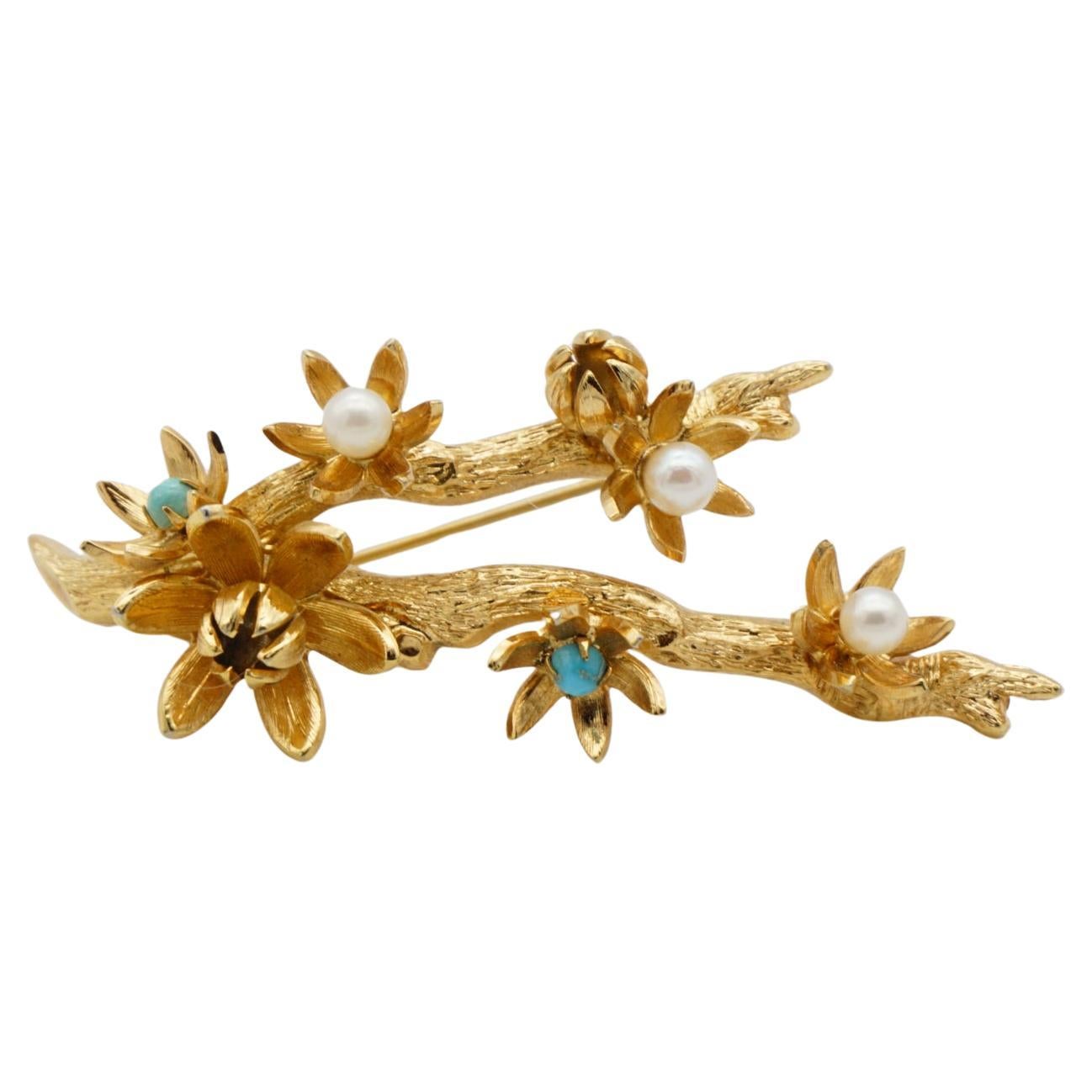 Christian Dior GROSSE 1961 Vintage Pearl Turquoise Blossom Plum Flower Brooch For Sale