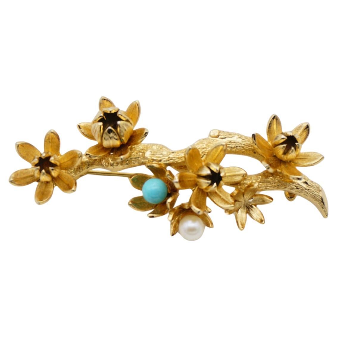Christian Dior GROSSE 1961 Vintage Pflaumenblüte Blume Branch Perle Gold Brosche im Angebot