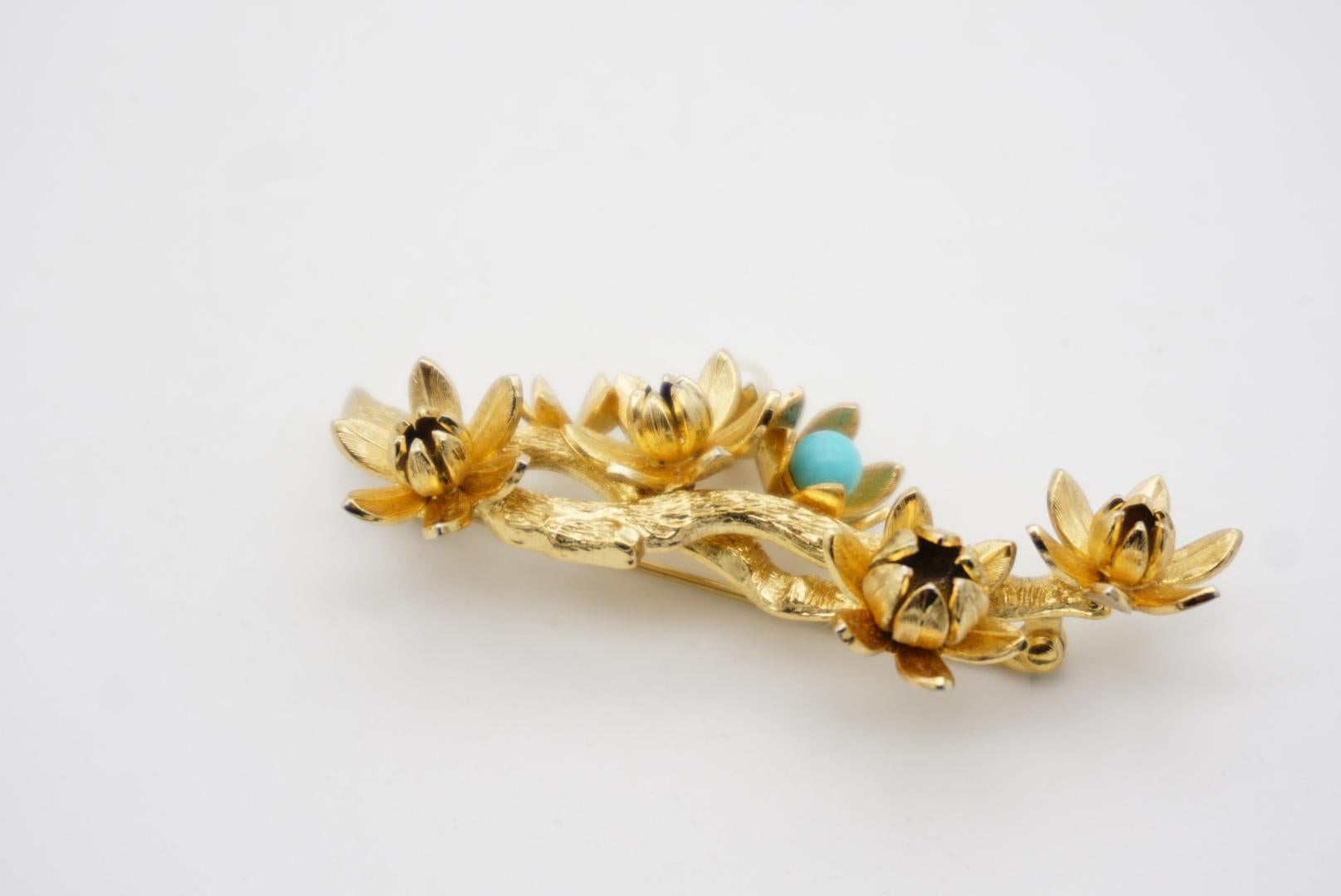 Christian Dior GROSSE 1961 Vintage Turquoise Pearl Plum Blossom Flower Brooch For Sale 5