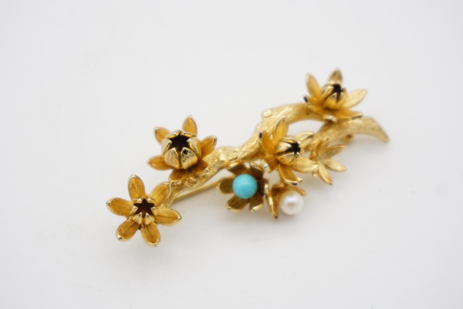 Christian Dior GROSSE 1961 Vintage Turquoise Pearl Plum Blossom Flower Brooch For Sale 6