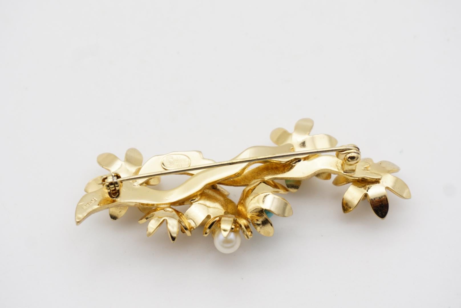 Christian Dior GROSSE 1961 Vintage Turquoise Pearl Plum Blossom Flower Brooch For Sale 8