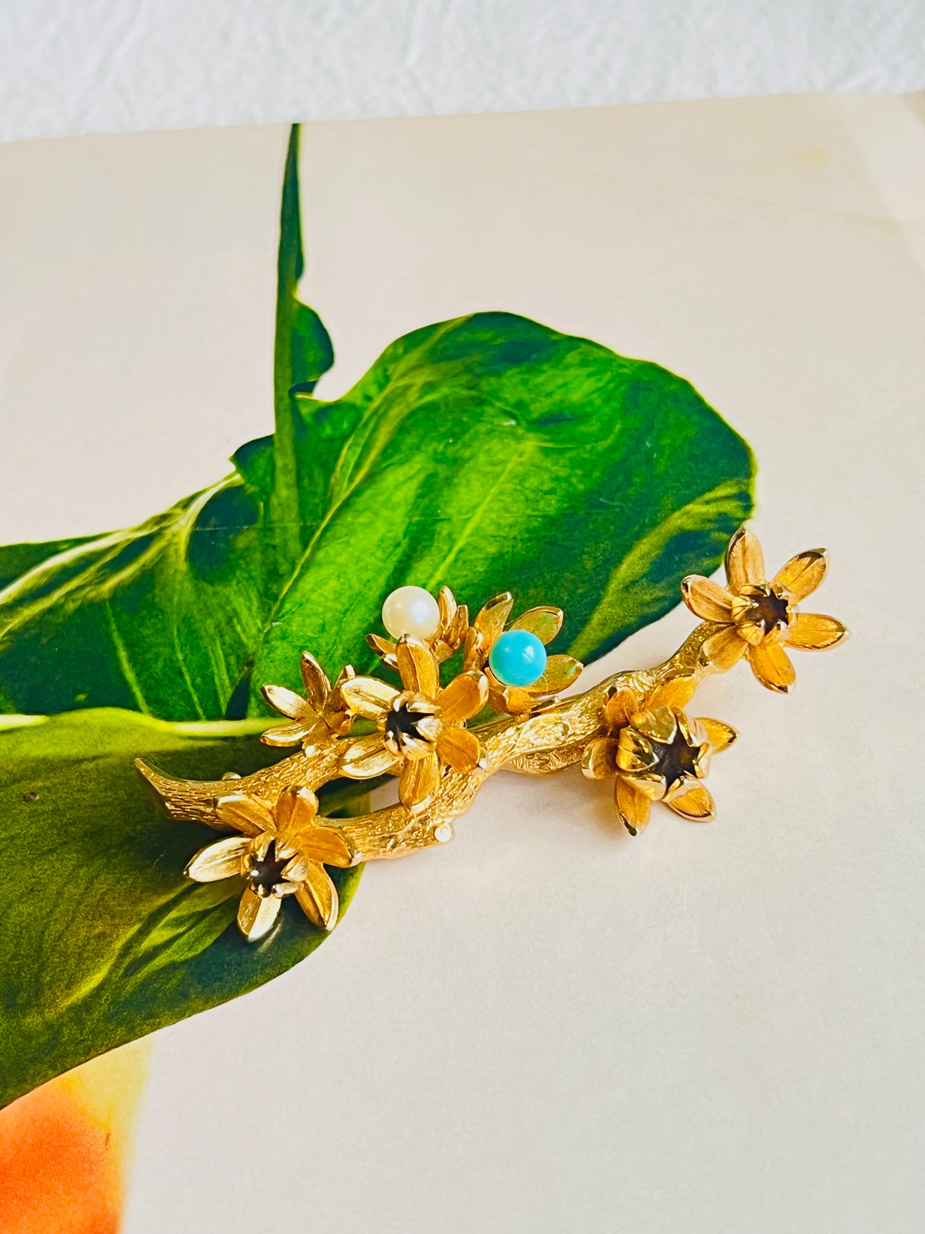Art Deco Christian Dior GROSSE 1961 Vintage Turquoise Pearl Plum Blossom Flower Brooch For Sale