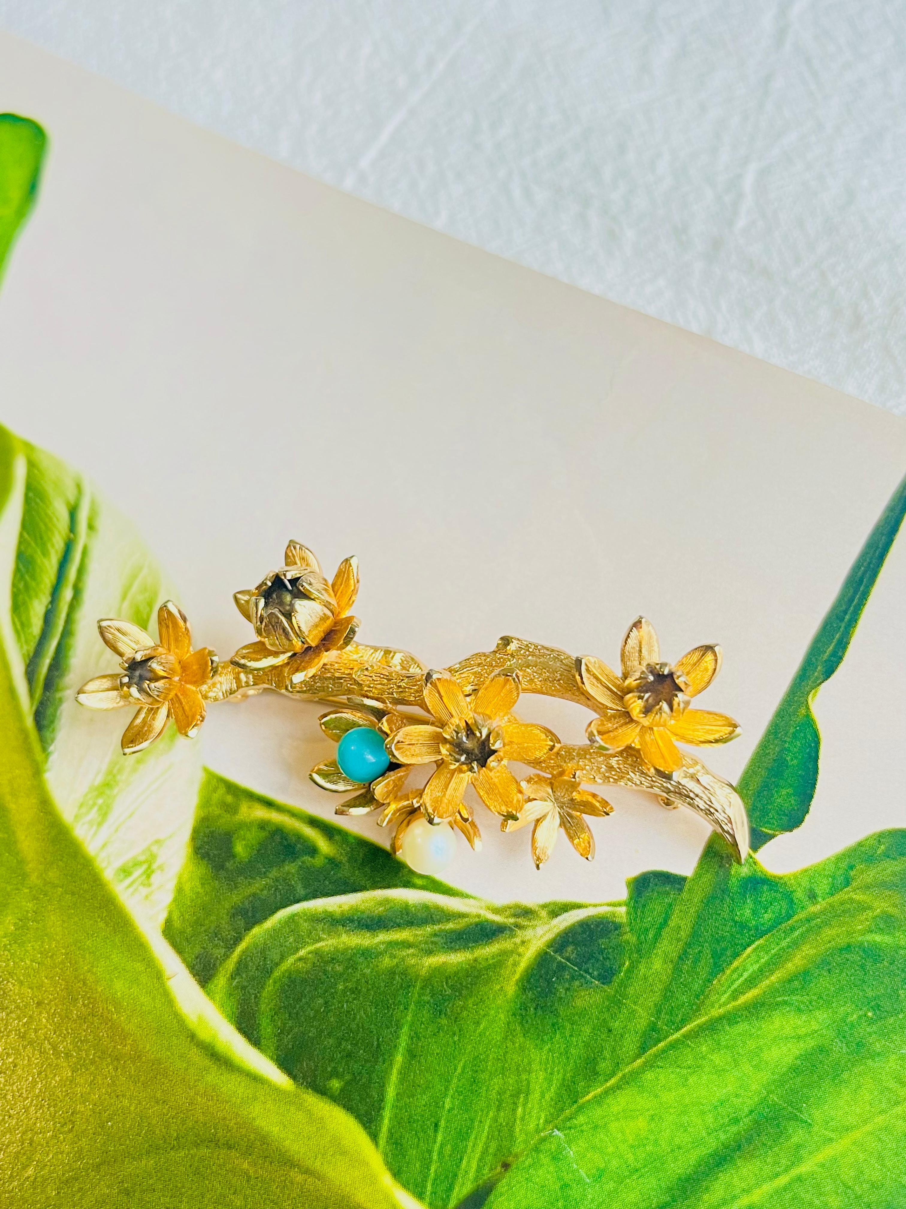 Christian Dior GROSSE 1961 Vintage Turquoise Pearl Plum Blossom Flower Brooch In Excellent Condition For Sale In Wokingham, England