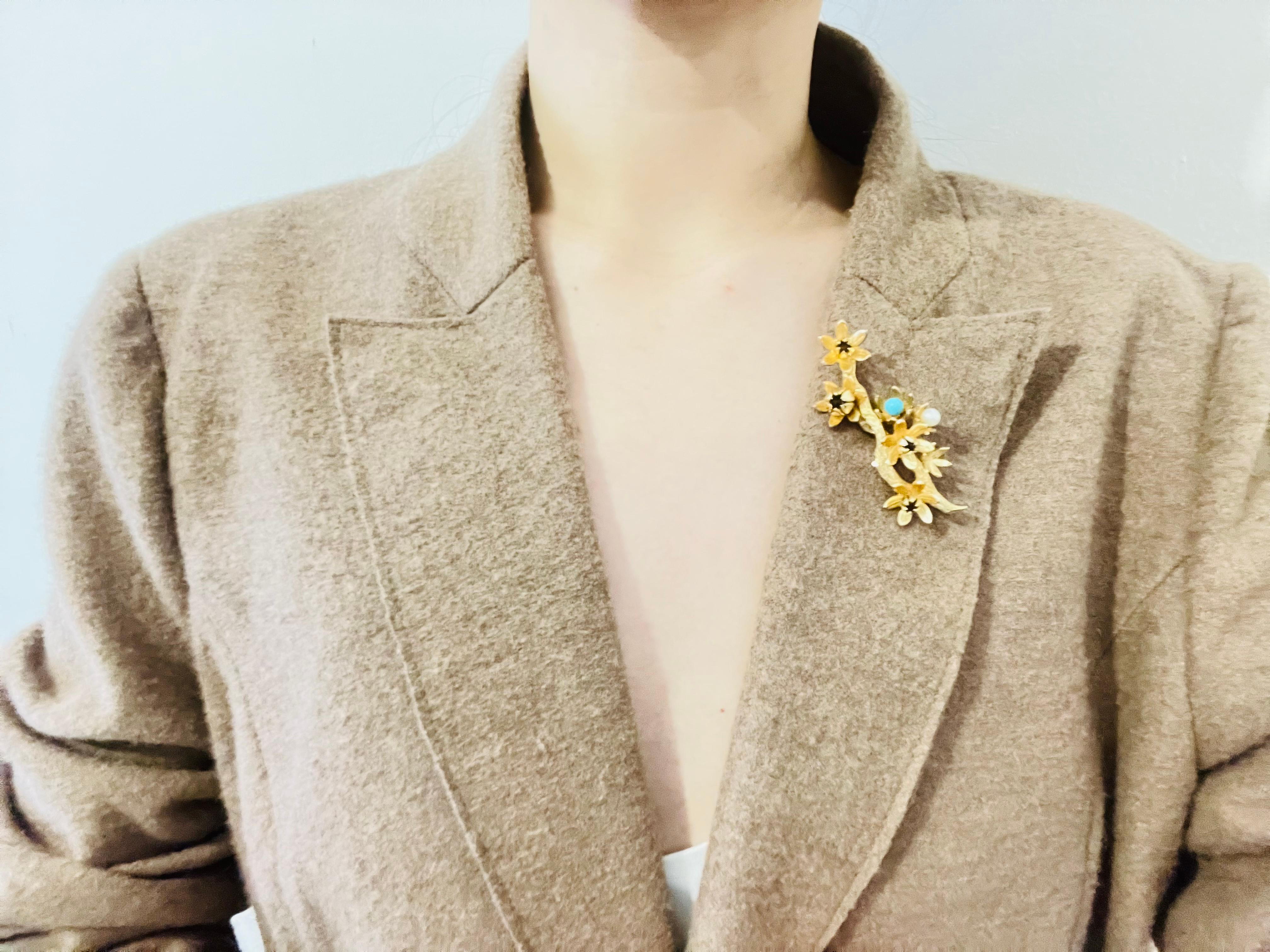 Christian Dior GROSSE 1961 Vintage Turquoise Pearl Plum Blossom Flower Brooch For Sale 2