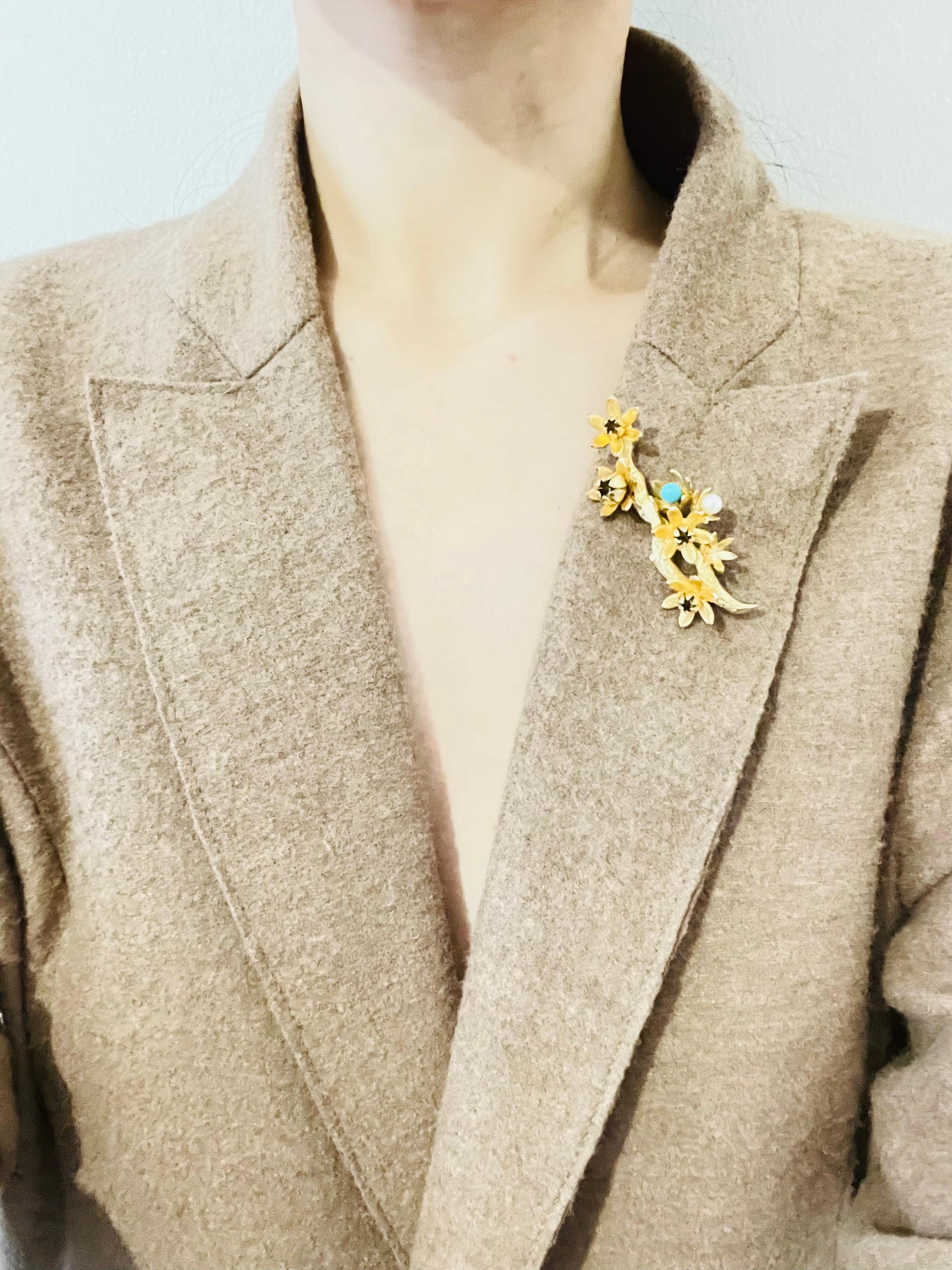 Christian Dior GROSSE 1961 Vintage Turquoise Pearl Plum Blossom Flower Brooch For Sale 3