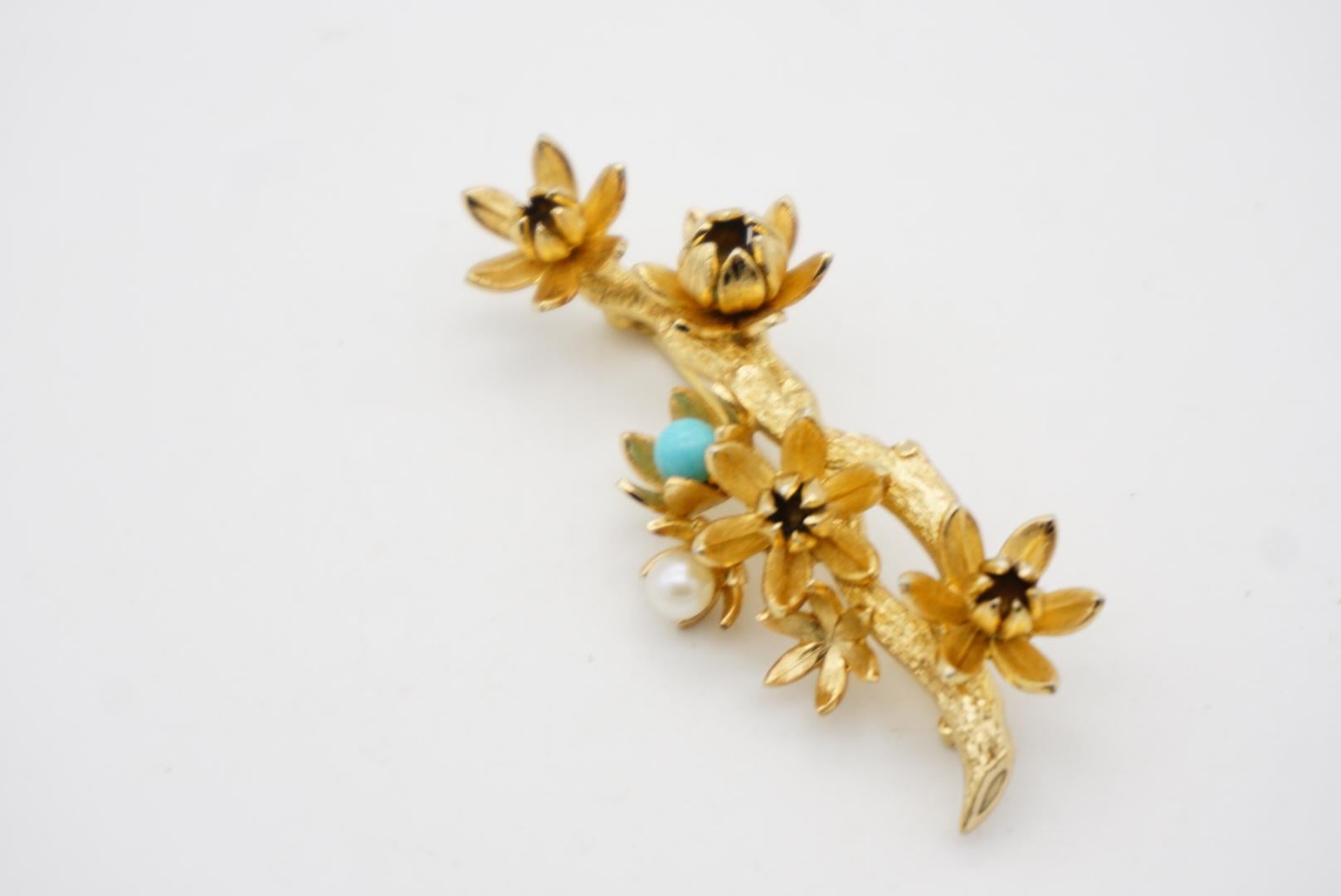 Christian Dior GROSSE 1961 Vintage Turquoise Pearl Plum Blossom Flower Brooch For Sale 4