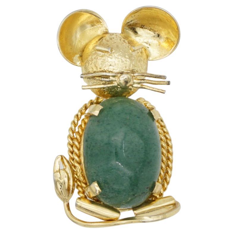 Christian Dior GROSSE 1961 Vintage Vivid Green Emerald Mickey Mouse Gold Brooch