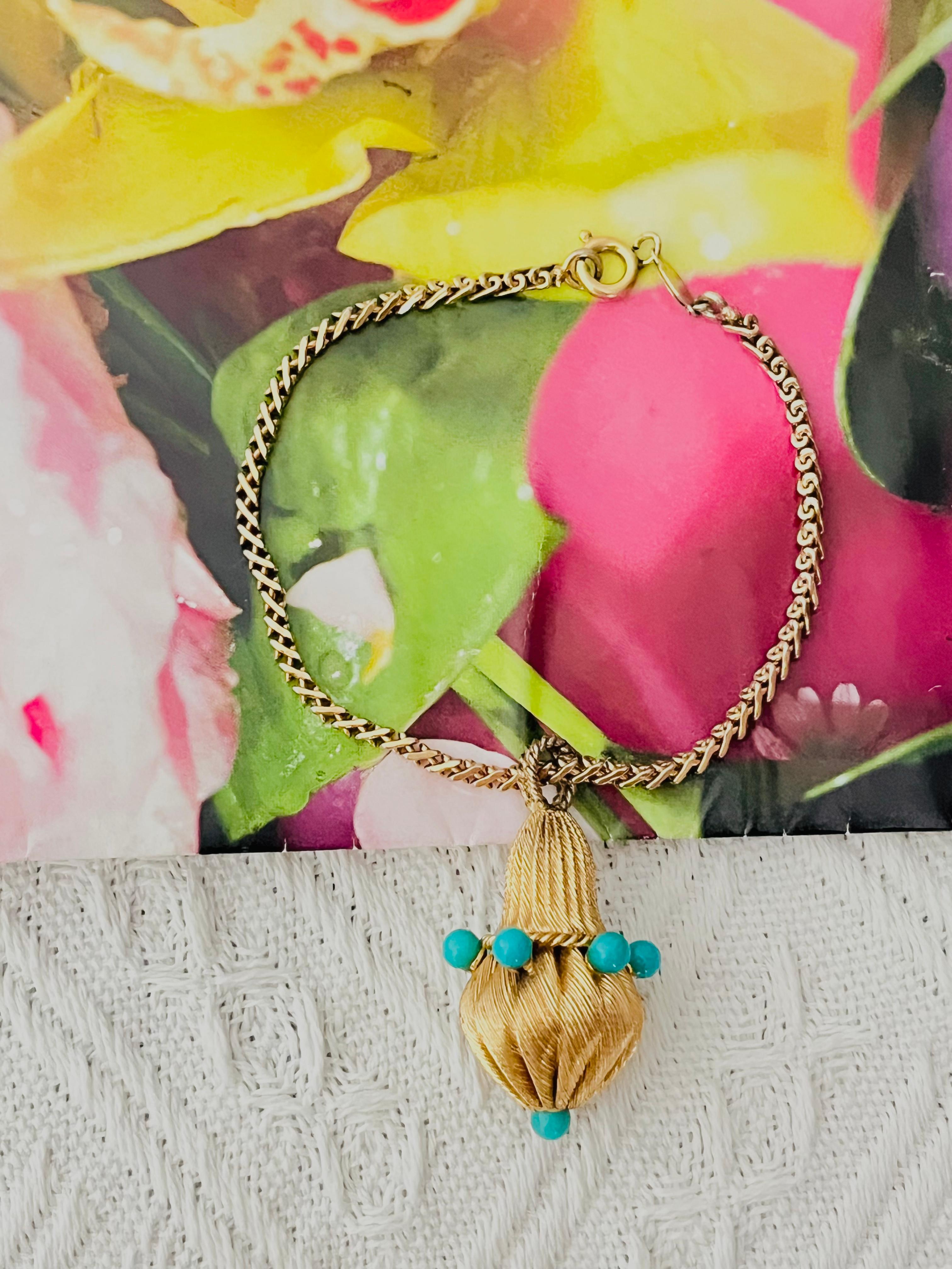Art Deco Christian Dior GROSSE 1962 Turquoise Beads Ball Light Charm Pendant Bracelet For Sale