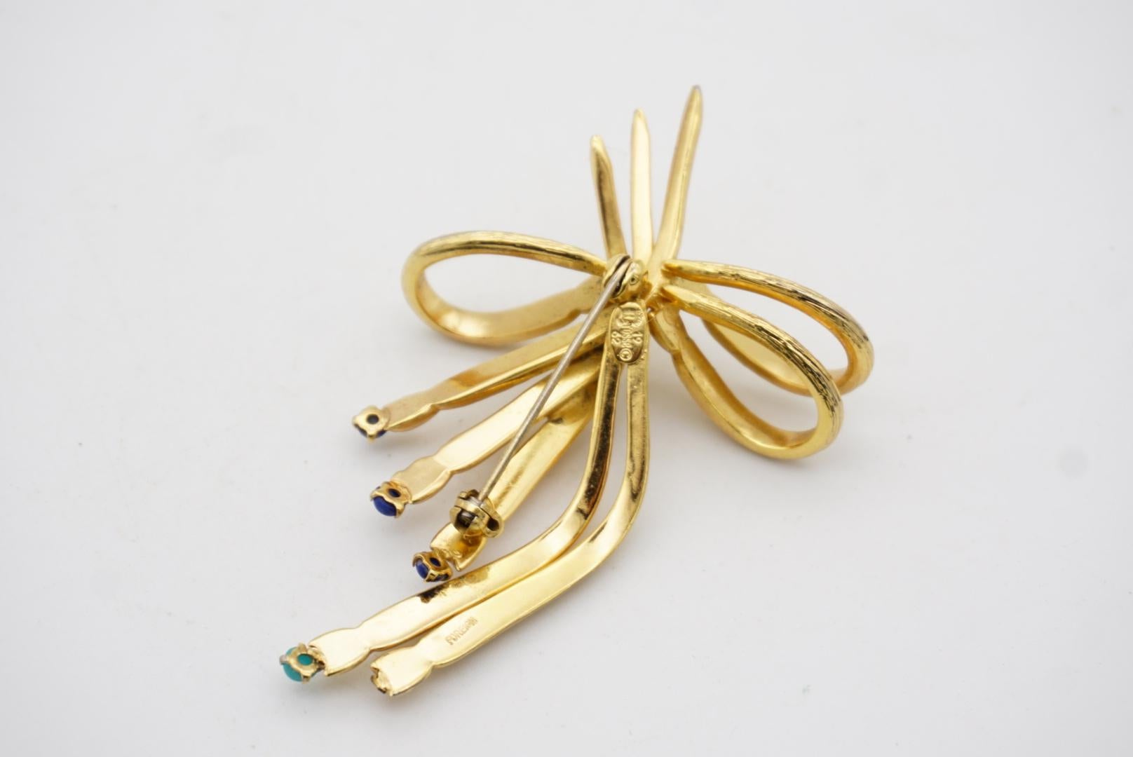 Christian Dior GROSSE 1962 Vintage Knot Bow Ribbon Navy Green Dots Gold Brooch  For Sale 6