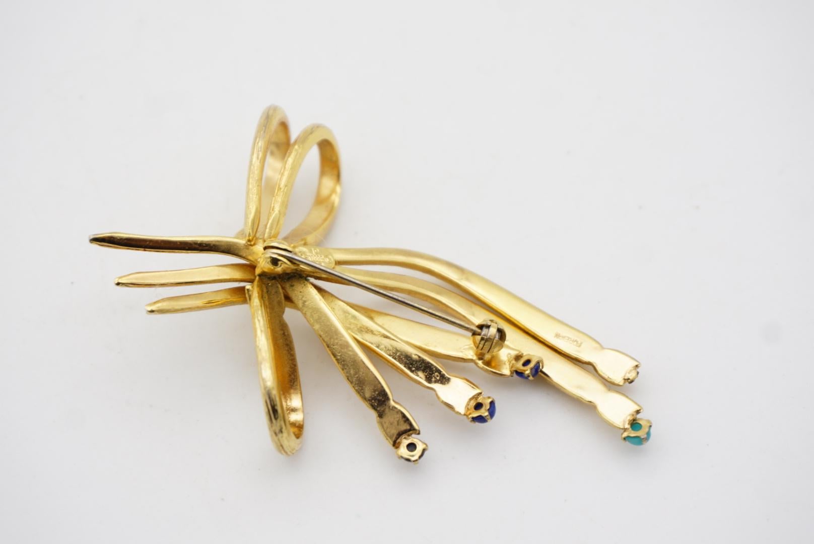 Christian Dior GROSSE 1962 Vintage Knot Bow Ribbon Navy Green Dots Gold Brooch  For Sale 7