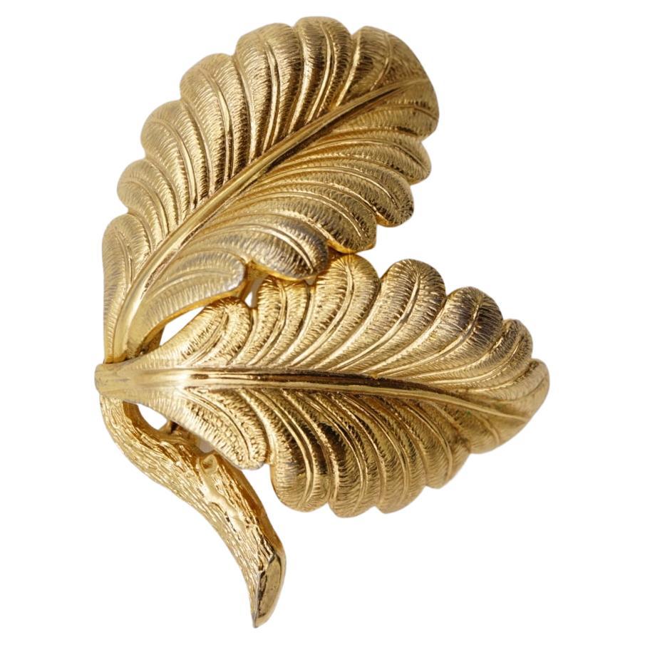 Christian Dior GROSSE 1962 Vintage Textured Double Palm Tree Leaf Gold Brooch For Sale