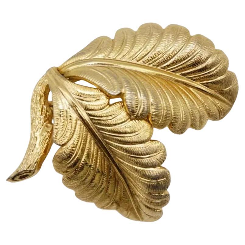 Christian Dior GROSSE 1962 Vintage Textured Double Palm Tree Leaf Gold Brooch