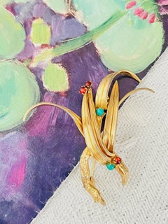 Christian Dior GROSSE 1962 Vintage Turquoise Ruby Crystals Flower Leaf Brooch