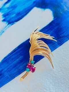 Christian Dior GROSSE 1963 Gold Large Amethyst Emerald Feather Statement Brooch