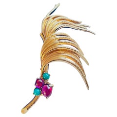 Christian Dior GROSSE 1963 Gold Large Amethyst Emerald Feather Statement Brooch