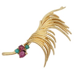 Christian Dior GROSSE 1963 Retro 3D Wavy Feather Leaf Emerald Amethyst Brooch