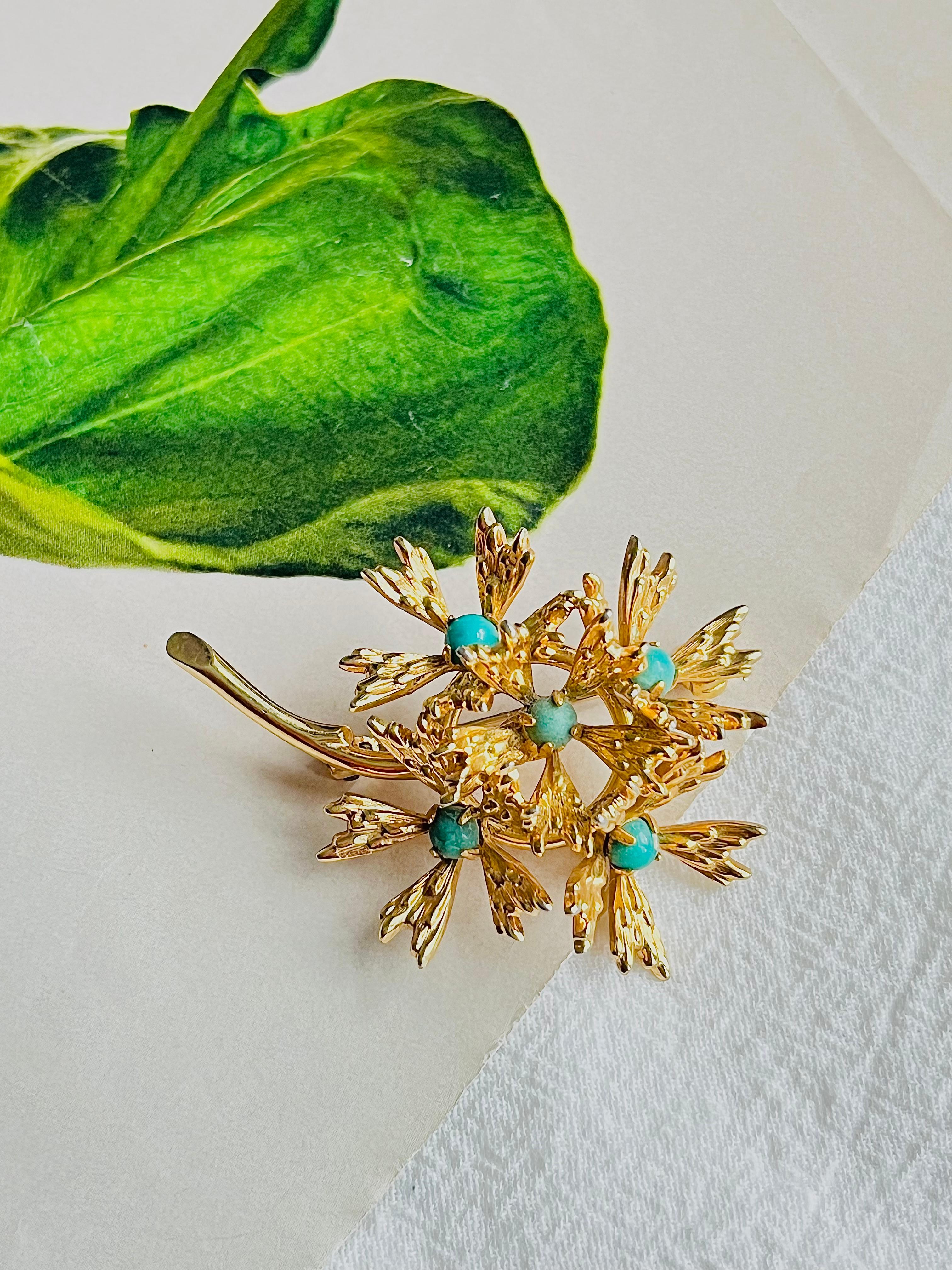 Art Deco Christian Dior GROSSE 1965 Turquoise Stone Cluster Flower Bouquet Gold Brooch For Sale