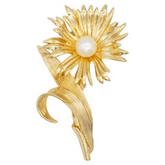 Christian Dior GROSSE 1965 Vintage Flourish Sunflower Leaf White Pearl Brooch