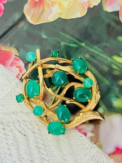 Christian Dior GROSSE 1966 Gripoix Green Emerald Jade Gold Tree Nest Leaf Brooch