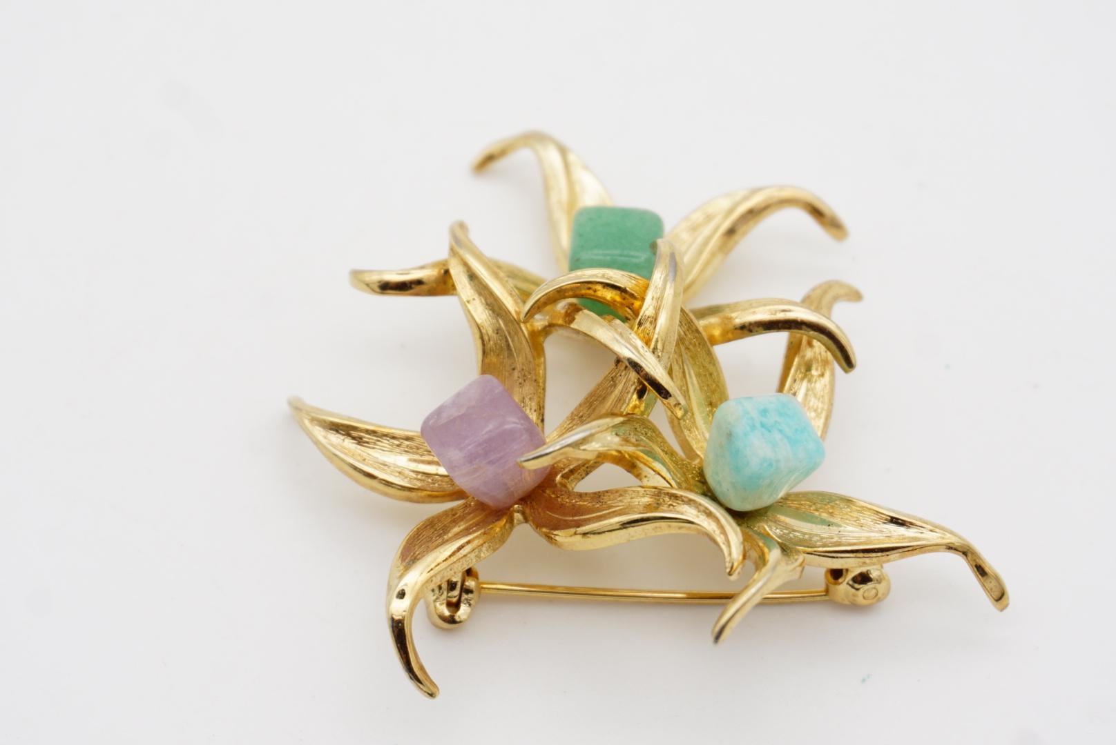 Christian Dior GROSSE 1966 Vintage Emerald Amethyst Aqua Stone Flower Brooch For Sale 7
