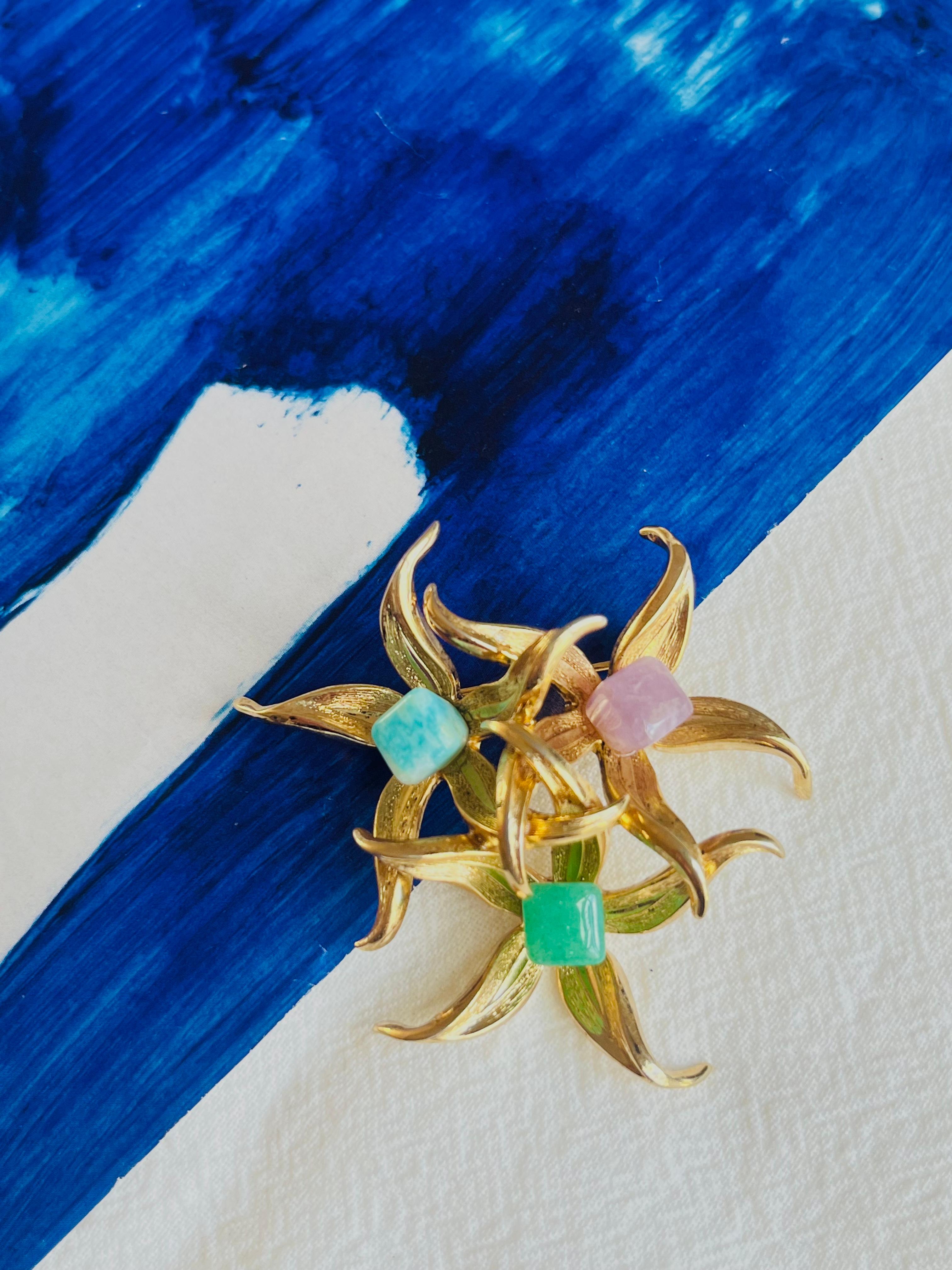 Art Nouveau Christian Dior GROSSE 1966 Vintage Emerald Amethyst Aqua Stone Flower Brooch For Sale