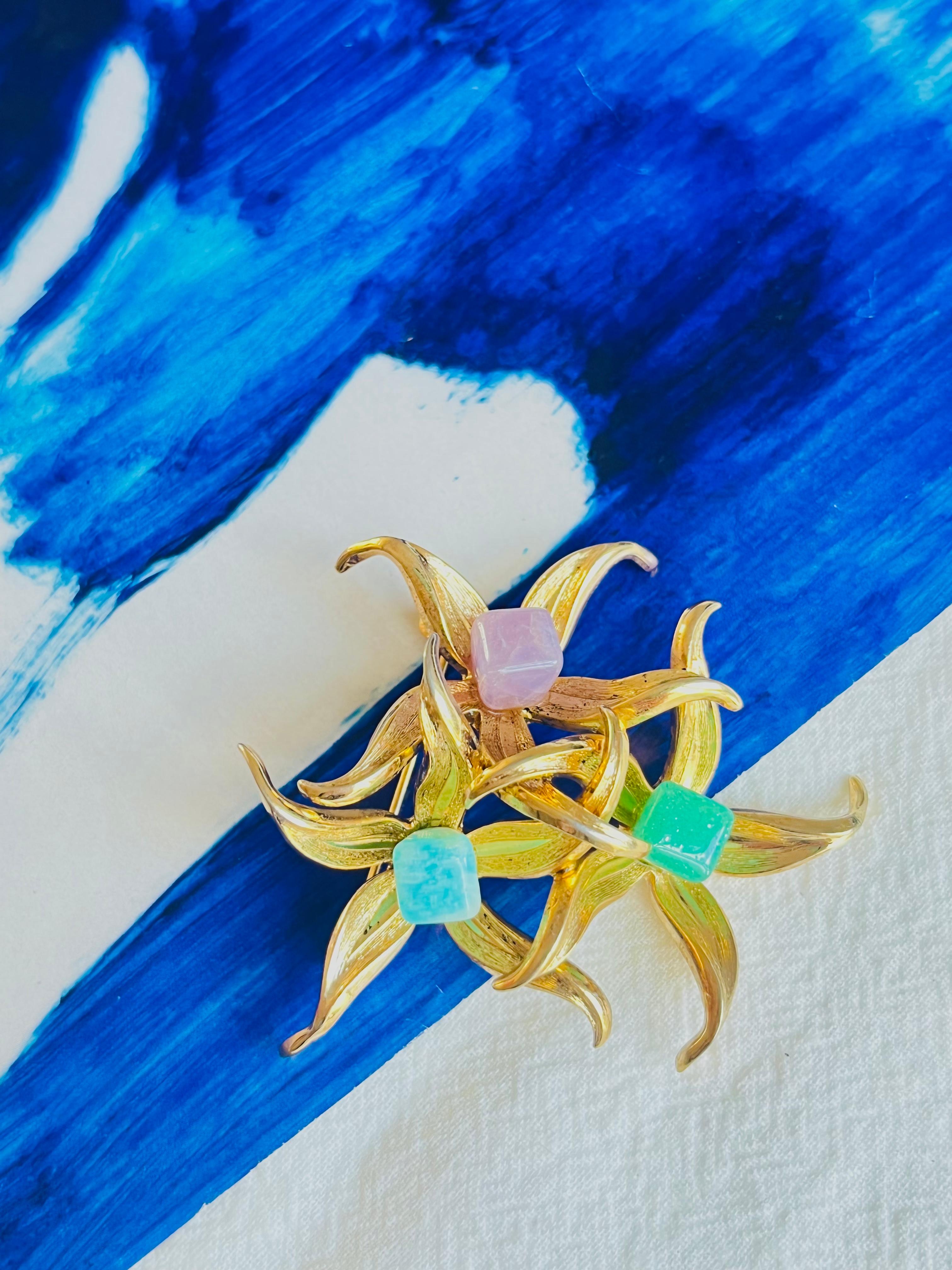 Christian Dior GROSSE 1966 Vintage Emerald Amethyst Aqua Stone Flower Brooch In Excellent Condition For Sale In Wokingham, England
