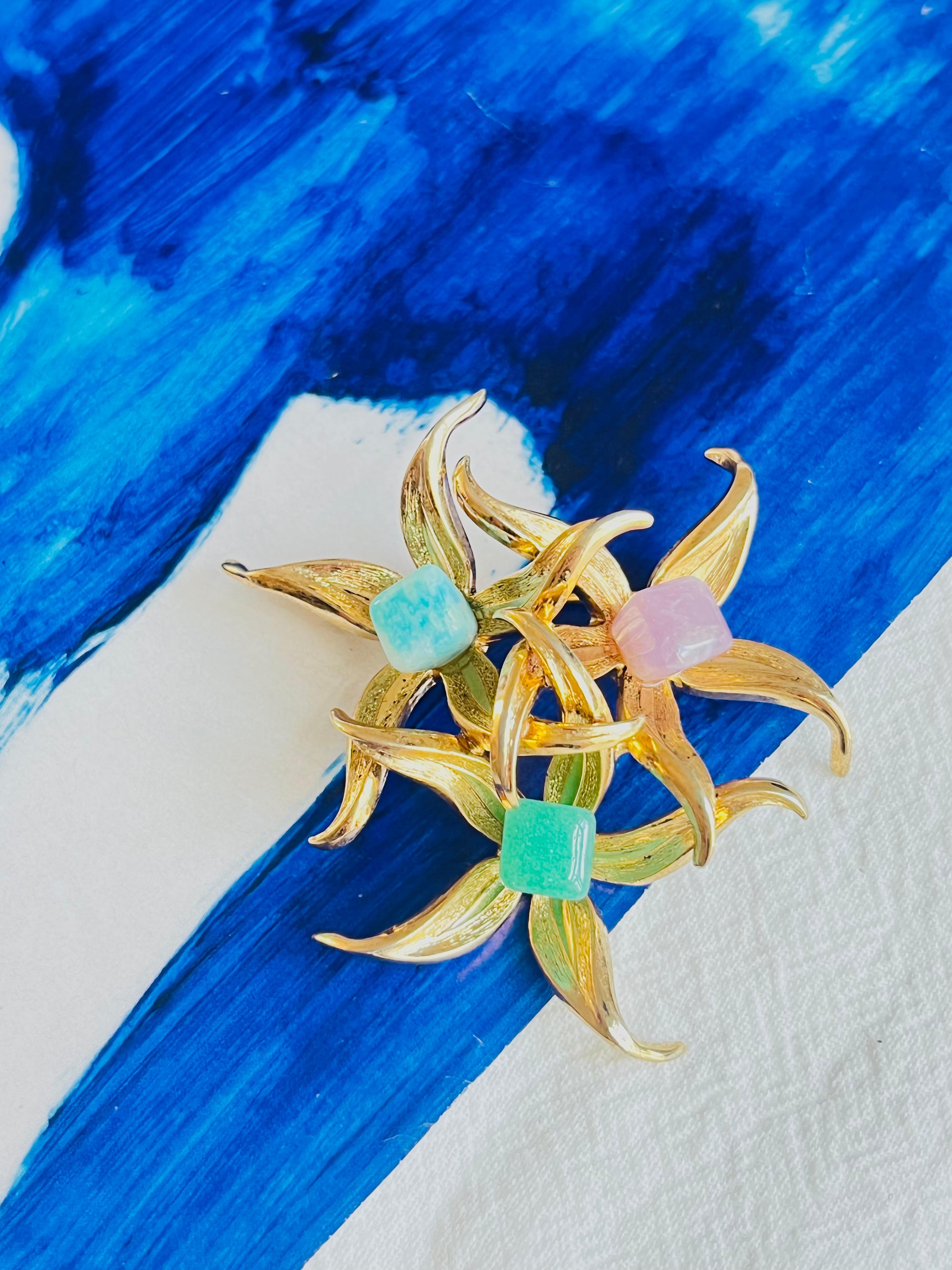 Christian Dior GROSSE 1966 Vintage Emerald Amethyst Aqua Stone Flower Brooch For Sale 1