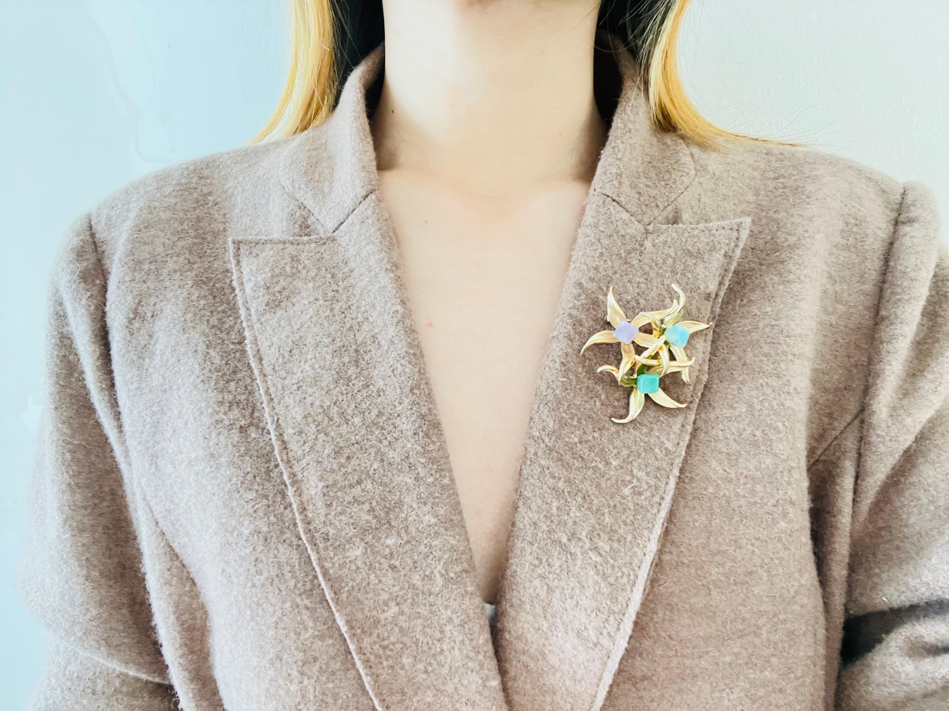 Christian Dior GROSSE 1966 Vintage Emerald Amethyst Aqua Stone Flower Brooch For Sale 2