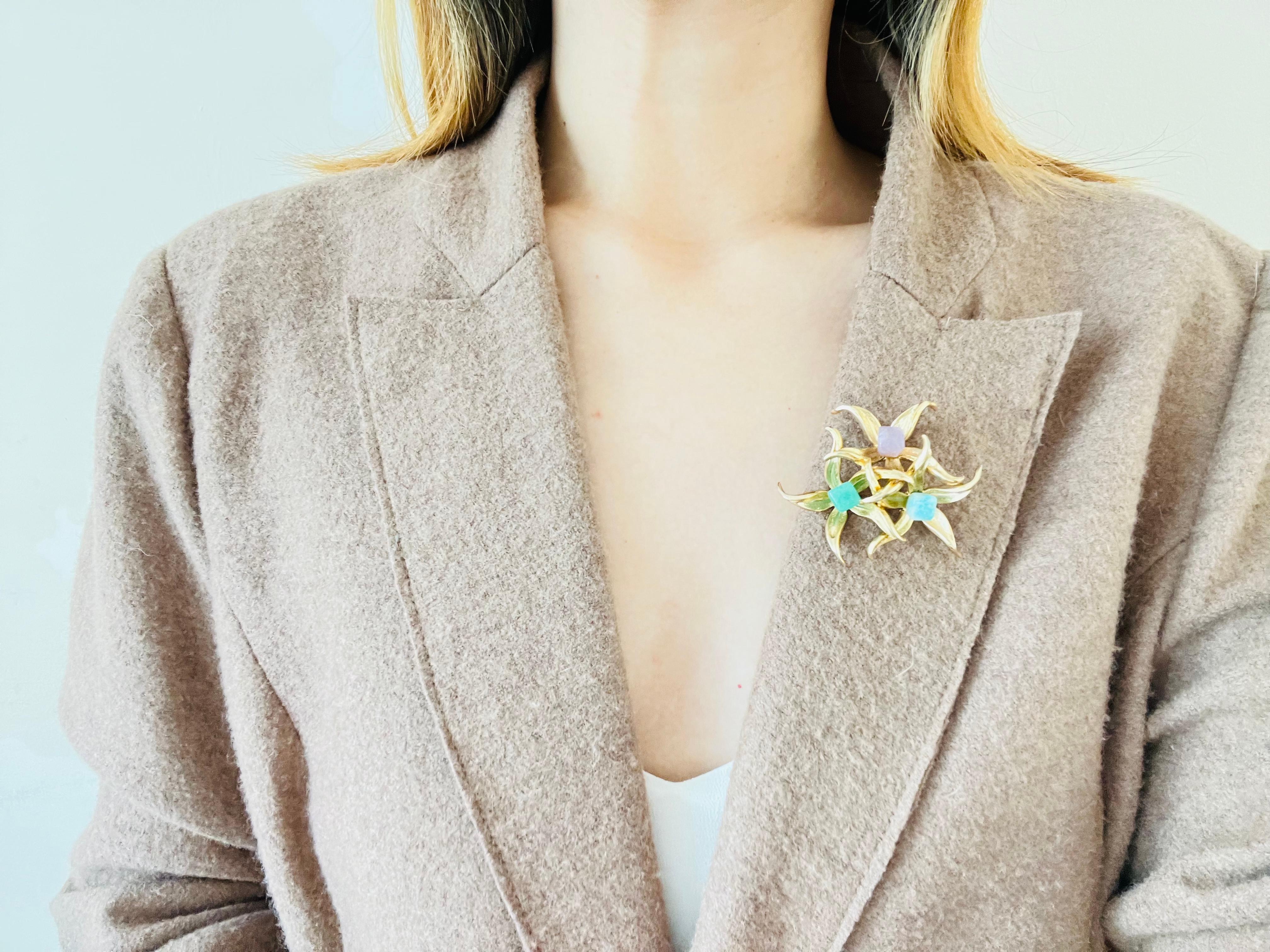 Christian Dior GROSSE 1966 Vintage Emerald Amethyst Aqua Stone Flower Brooch For Sale 4