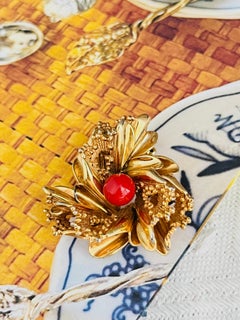 Christian Dior GROSSE 1967 Iconic Rare Unisex Gold Red Cabochon Blossom Brooch
