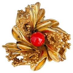 Christian Dior GROSSE 1967 Iconic Rare Unisex Gold Red Cabochon Blossom Brooch