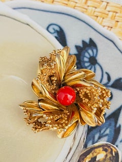 Christian Dior GROSSE 1967 Vintage Blood Red Stone Double Layer Flower Brooch
