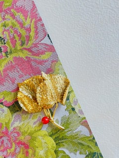 Christian Dior GROSSE 1967 Vintage Double Wavy Grains Leaf Red Ball Gold Brooch