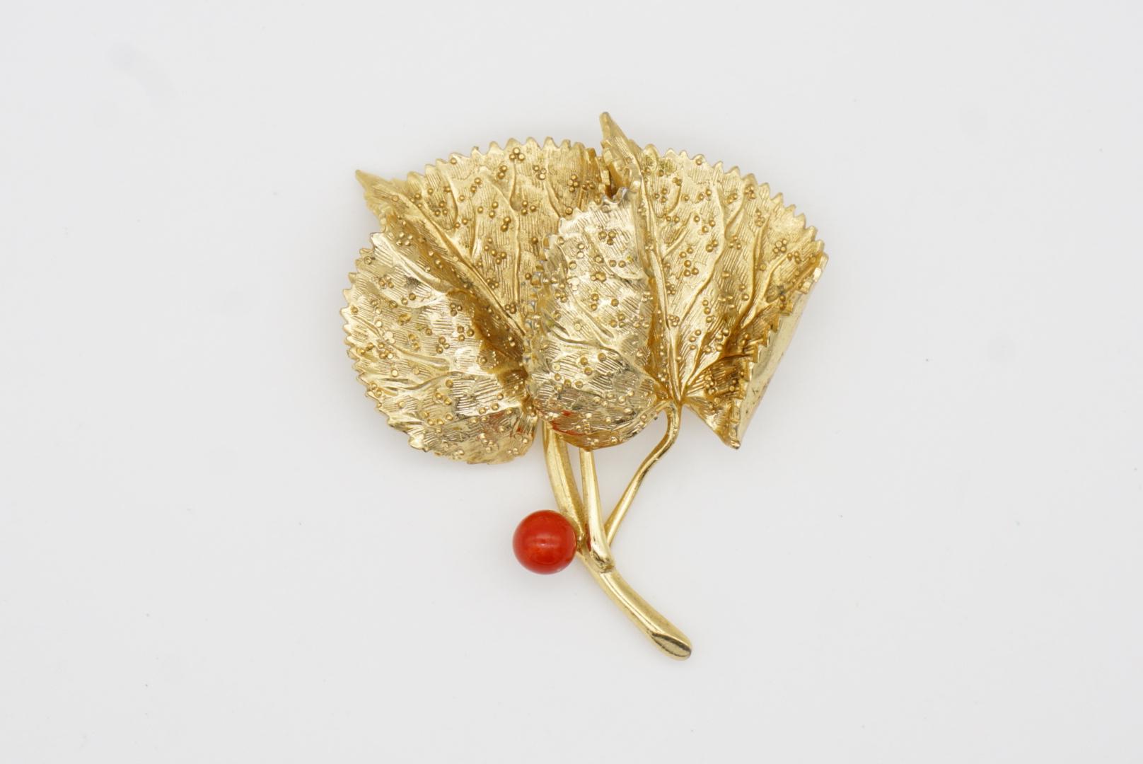Christian Dior GROSSE 1967 Vintage Double Wavy Grains Leaf Red Ball Gold Brooch 3