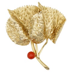 Christian Dior GROSSE 1967 Vintage Double Wavy Grains Leaf Red Ball Gold Brooch