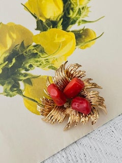 Christian Dior GROSSE 1967 Vintage Gold Coral Blood Stones Fruit Flower Brooch