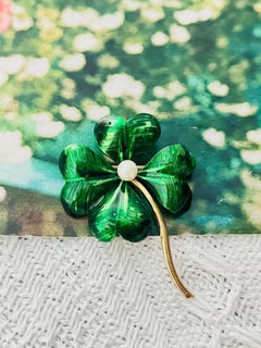 Christian Dior GROSSE 1967 Vintage Green Enamel Lucky Clover White Pearl Brooch