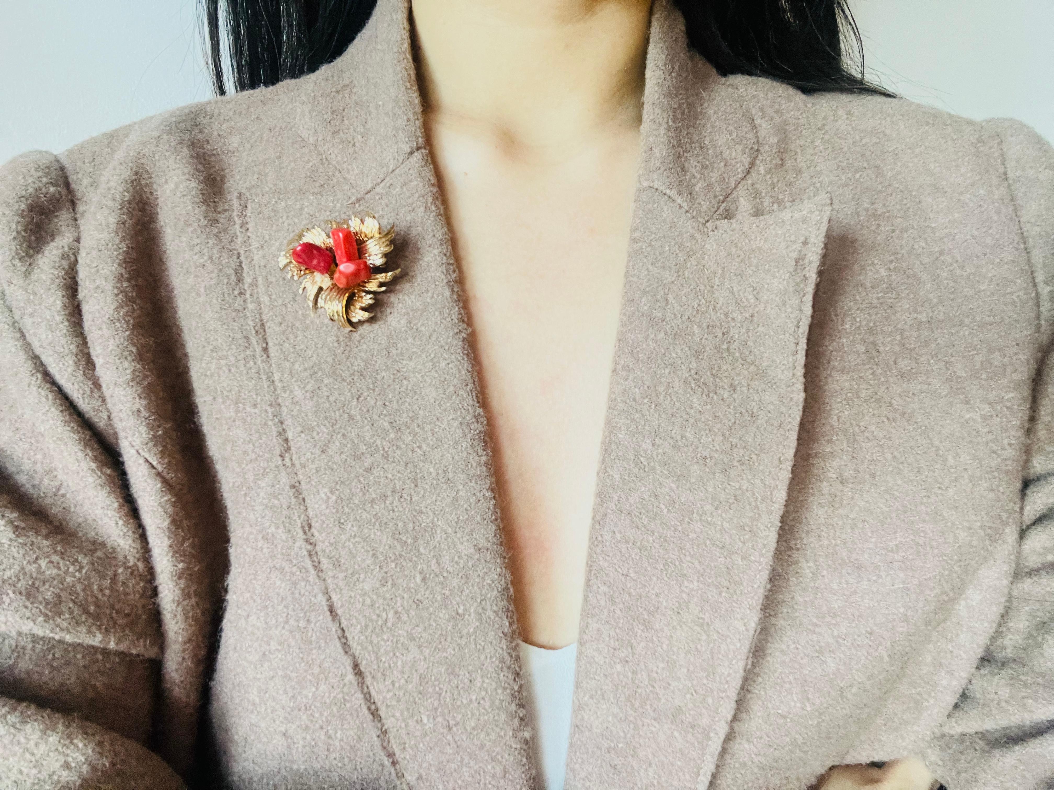 Christian Dior GROSSE 1967 Vintage Trio Blood Stones Coral Flower Fruit Brooch 1