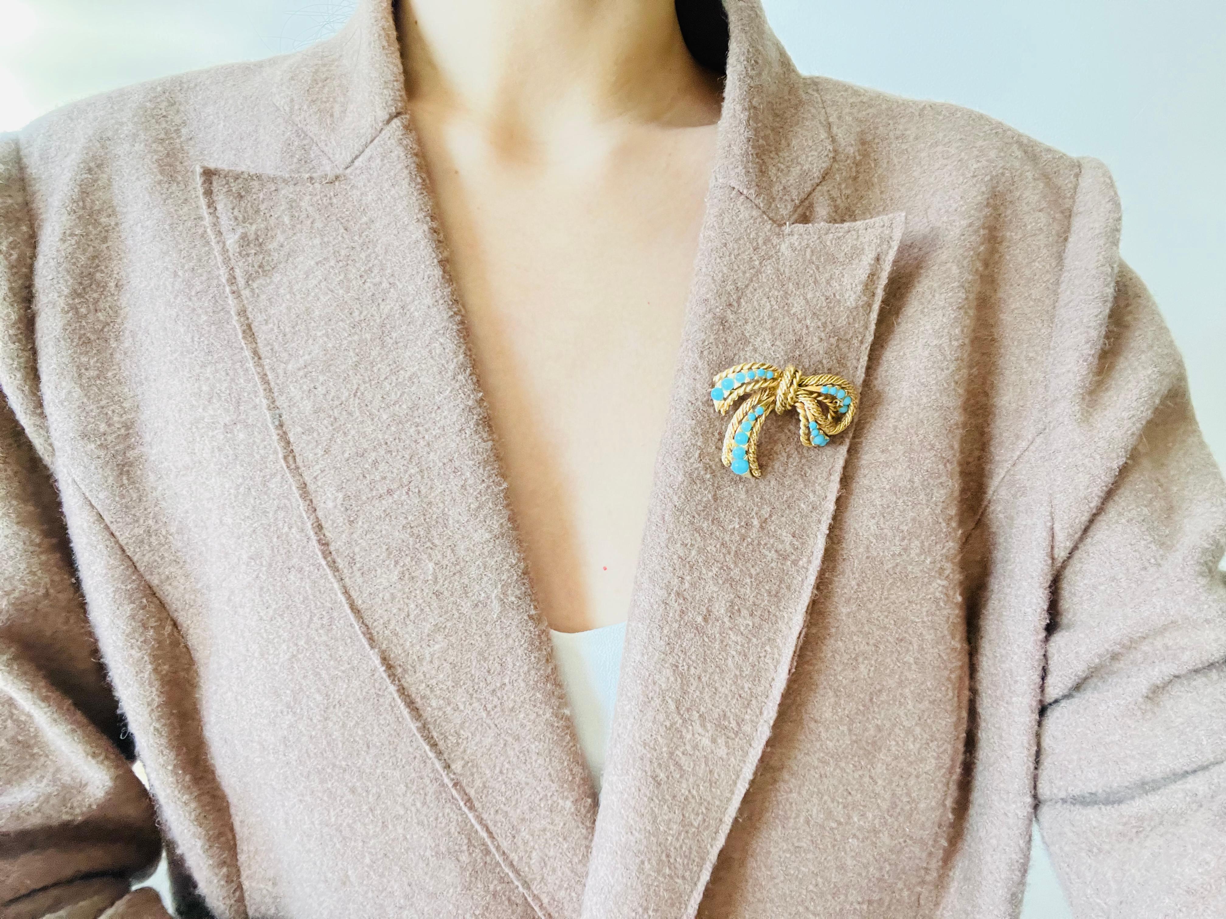 Christian Dior GROSSE 1967 Vintage Türkis Dots Knoten Schleife Seil Brosche 1