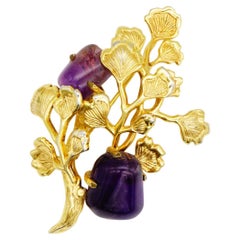 Christian Dior GROSSE 1968 Amethyst Cabochon Cluster Flower Leaf Bouquet Brooch