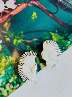 Christian Dior GROSSE 1968 Large White Coral Fan Wing Floral Shell Clip Earrings