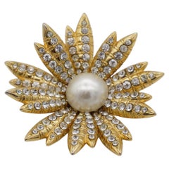 Christian Dior GROSSE 1968 Retro Bloom Flower Whole Crystals Pearl Gold Brooch