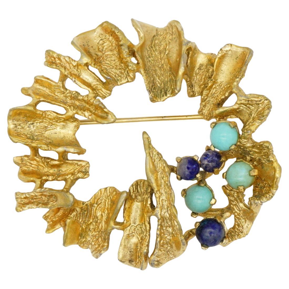 Christian Dior GROSSE 1968 Vintage Large Wreath Navy Turquoise Tree Bark Brooch